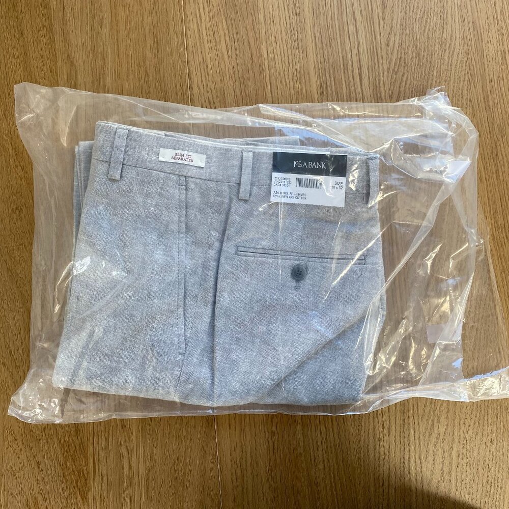 Jos A Bank Linen Cotton Trousers Light Grey Slim Fit 30x32 NWT